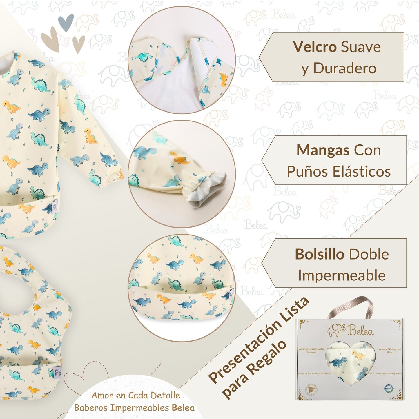 Pack Babero Manga Larga + Babero sin Mangas – Dinosaurios | BeleaKids