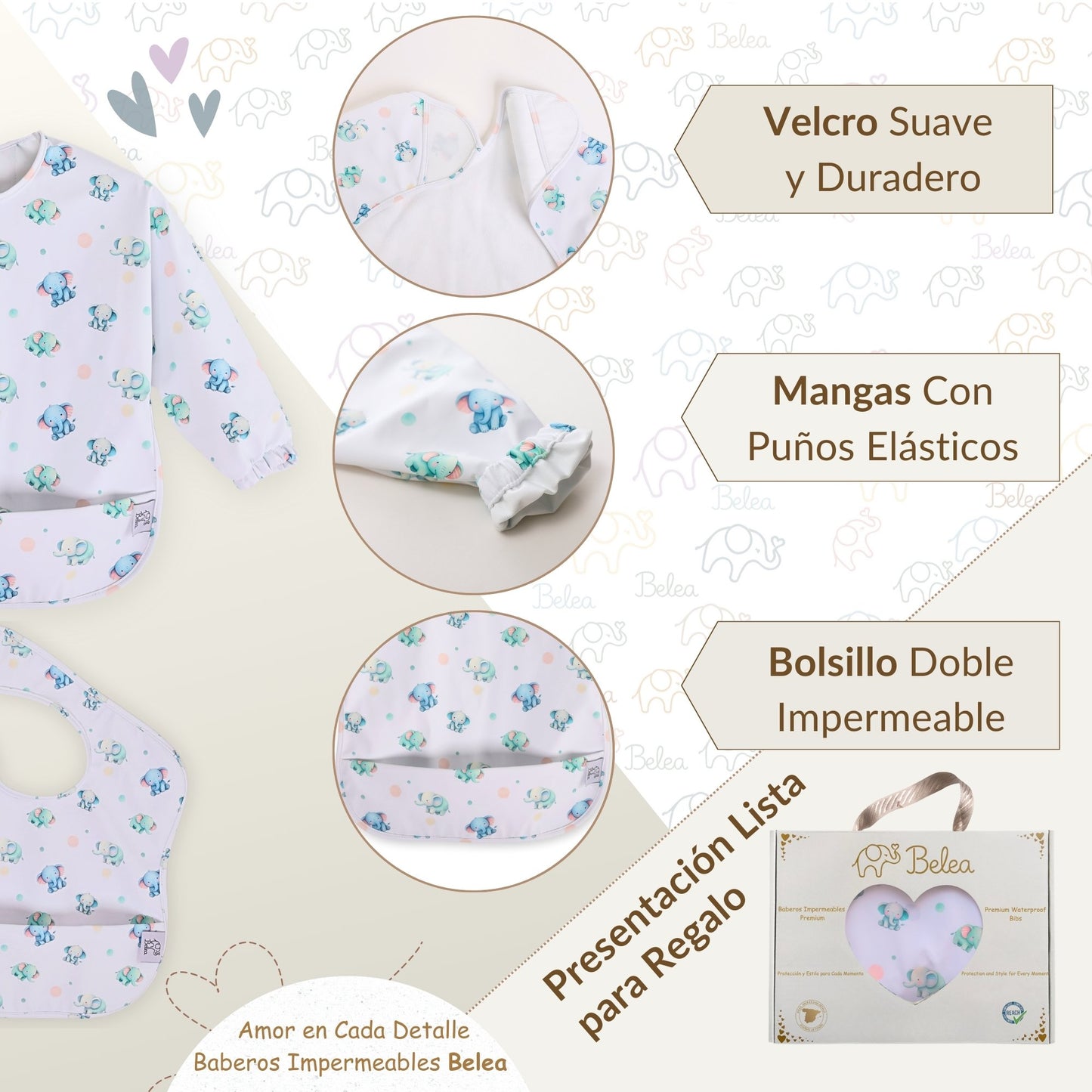 Pack Babero Manga Larga + Babero sin Mangas – Elefantes | BeleaKids