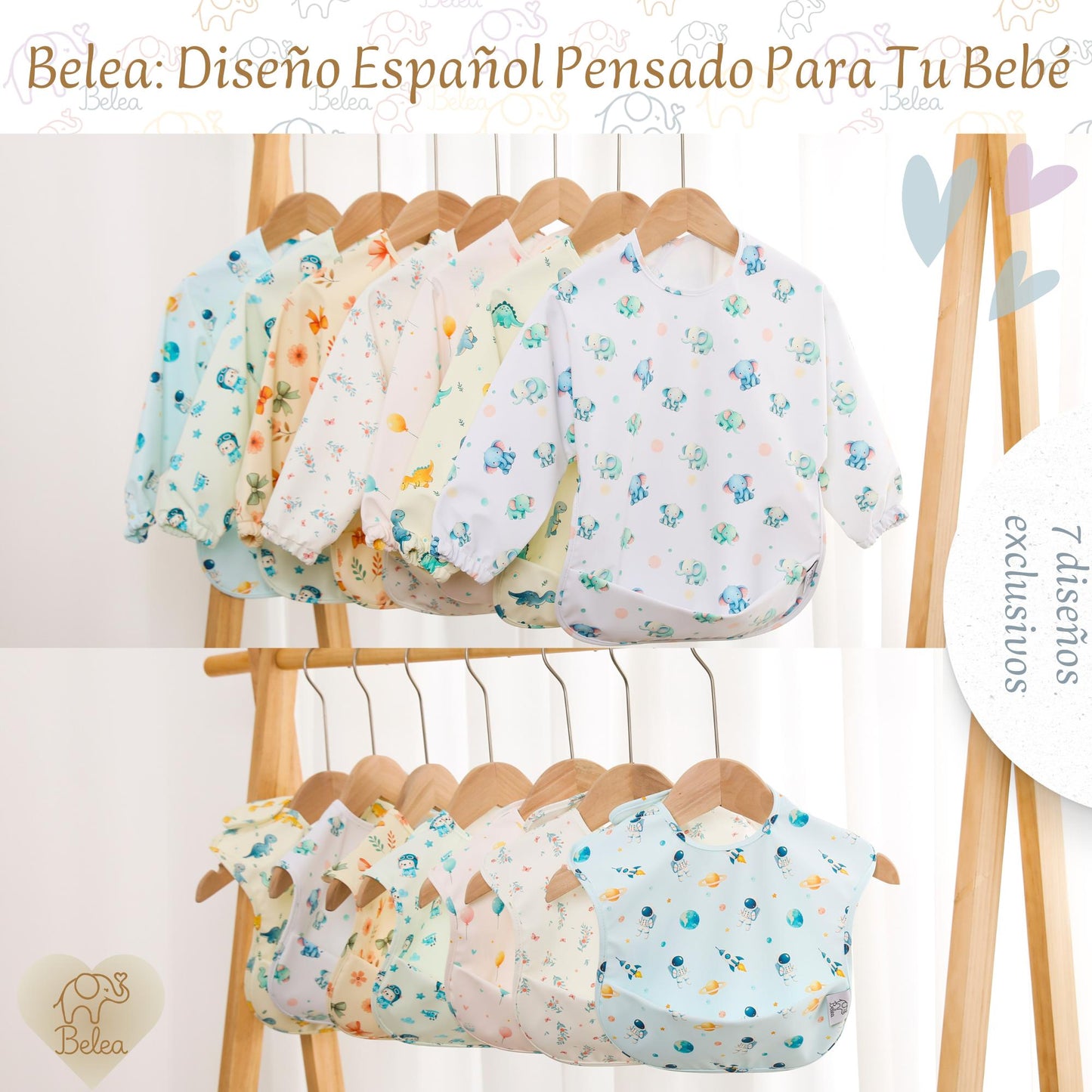 Pack Babero Manga Larga + Babero sin Mangas – Elefantes | BeleaKids