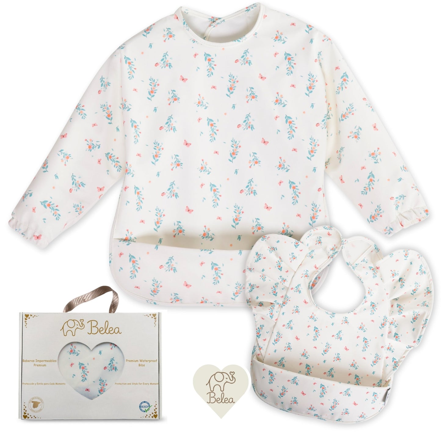 Pack Babero Manga Larga + Babero con Volantes – Flores | BeleaKids