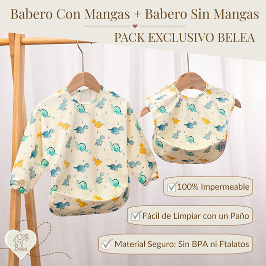 Pack Babero Manga Larga + Babero sin Mangas – Dinosaurios | BeleaKids