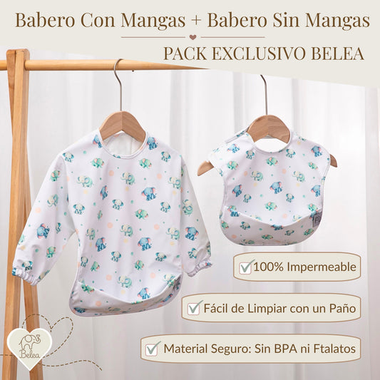 Pack Babero Manga Larga + Babero sin Mangas – Elefantes | BeleaKids
