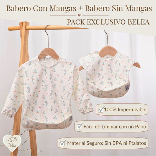 Pack Babero Manga Larga + Babero sin Mangas – Flores | BeleaKids