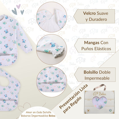 Pack Babero Manga Larga + Babero sin Mangas – Elefantes | BeleaKids