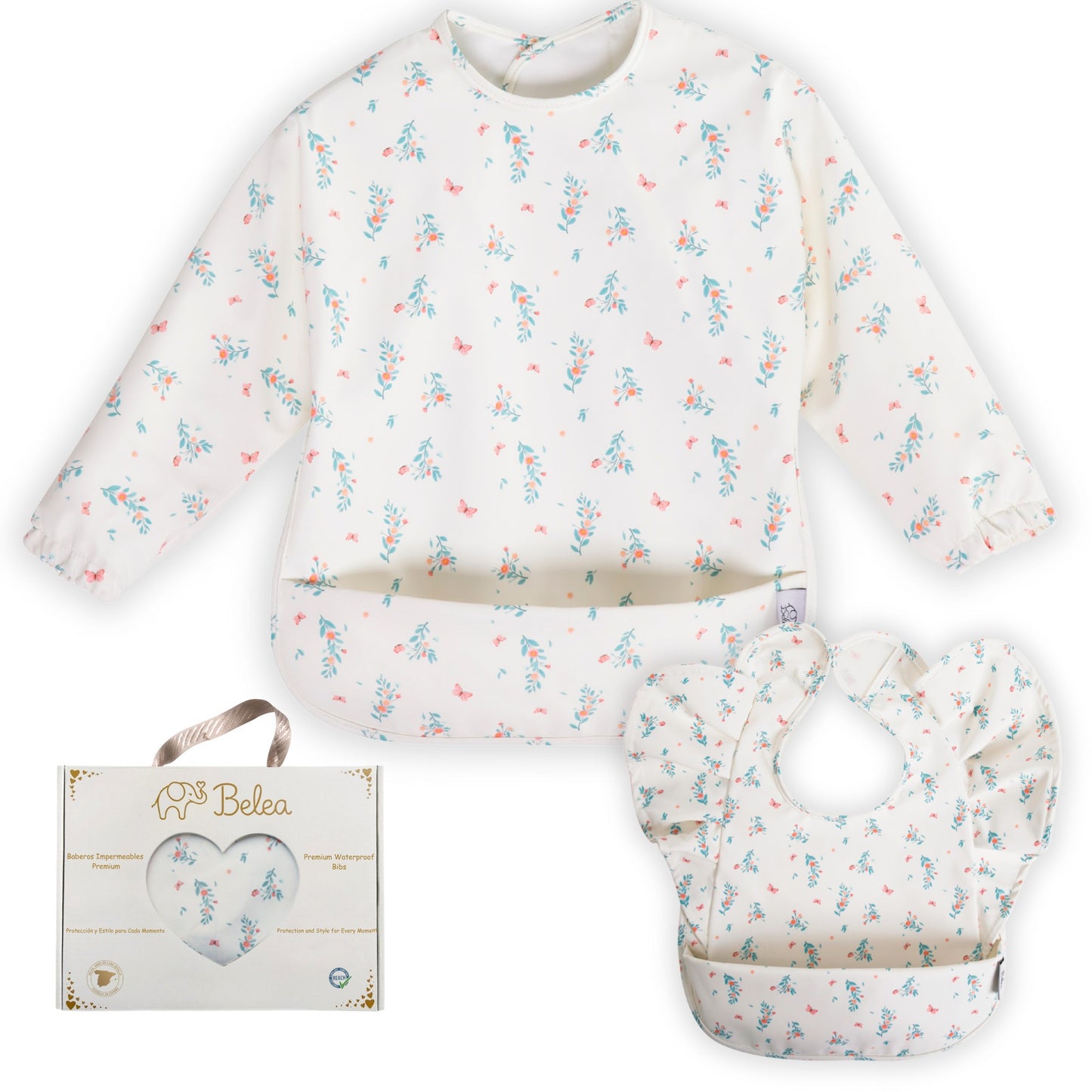 Pack Babero Manga Larga + Babero con Volantes – Flores | BeleaKids